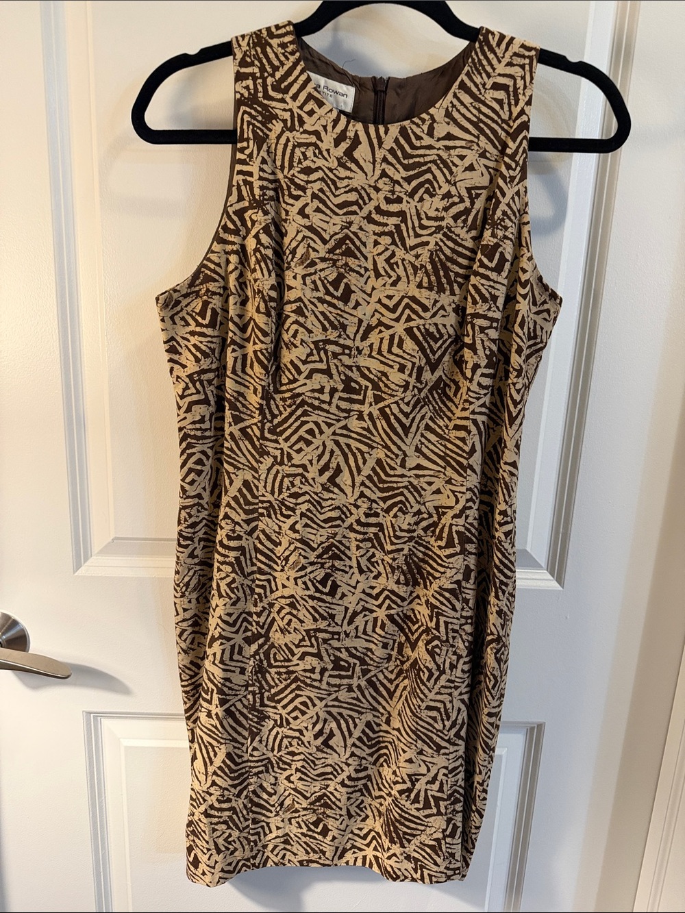 Rena Rowan Brown and Cream Geometric Sleeveless Midi Dress 100% Silk